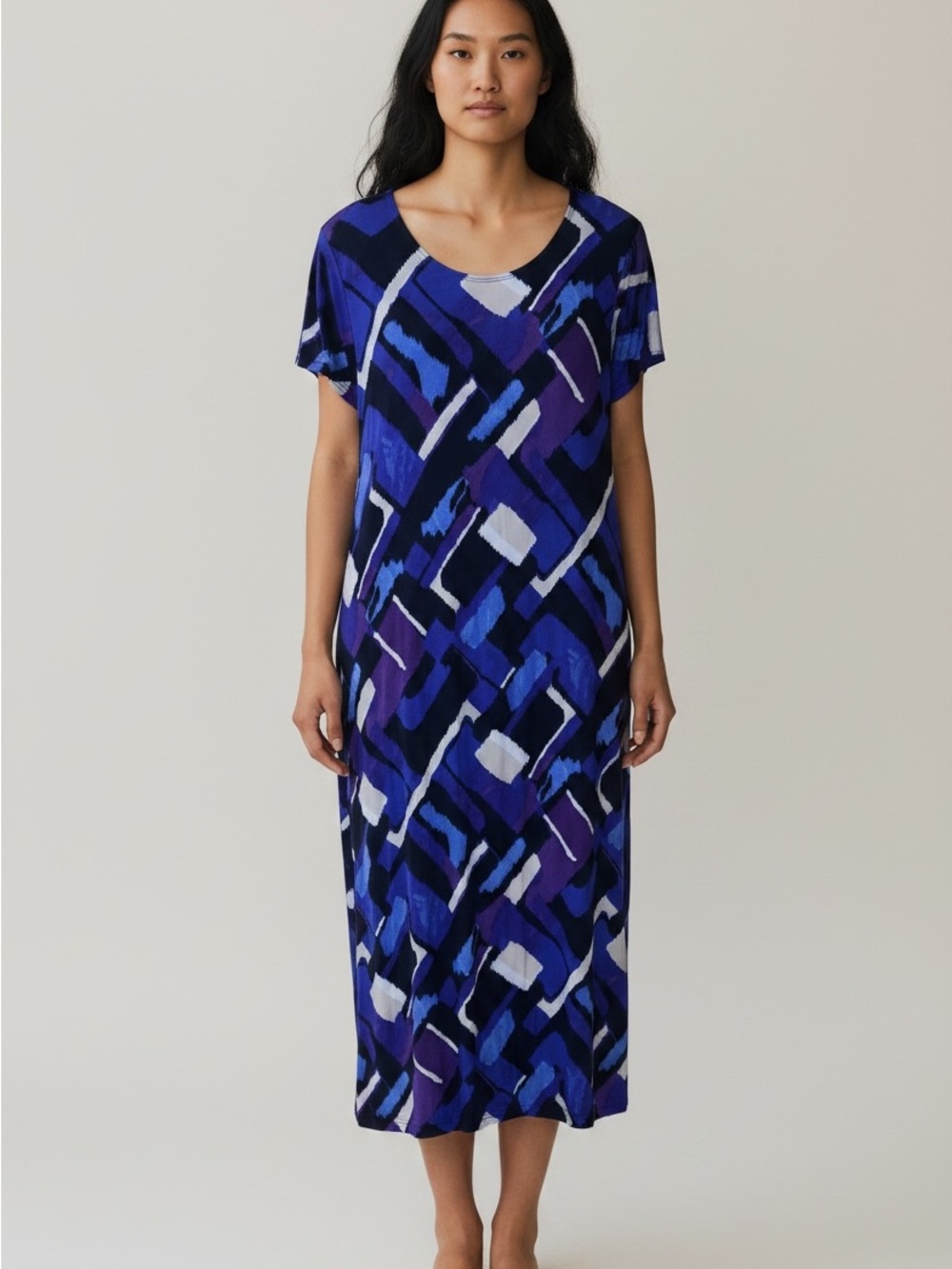 CHICO'S Women's Maxi Dress Short Sleeve Side Slits Blue/Black/White Size 3 (XL)